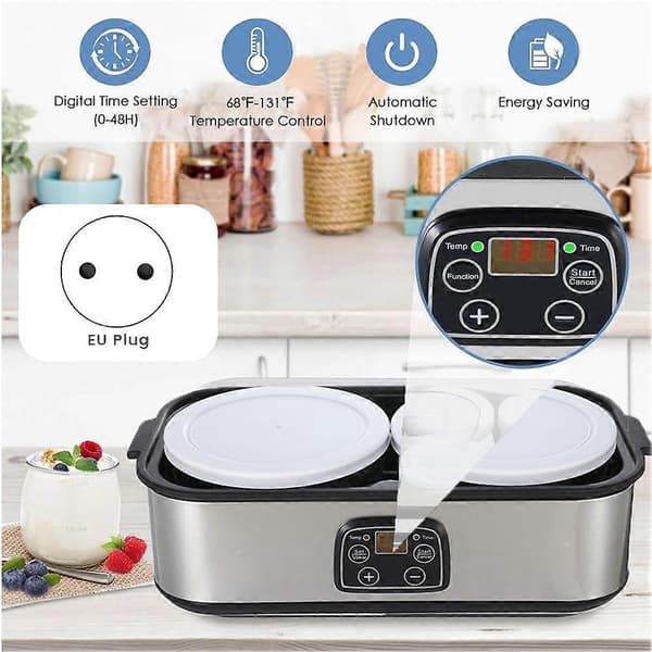 Yoghurtmaskin 2L Stor Kapacitet Automatisk Temperaturkontroll 0-48 Timmar Timer Digital Yoghurtmaskin EU