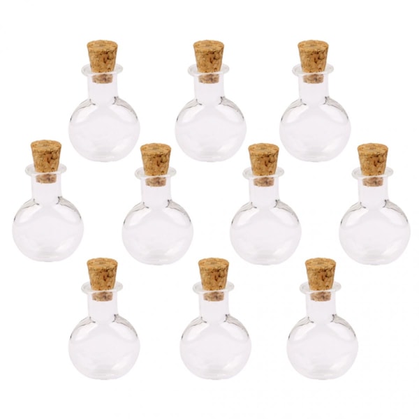 Set med 10 st mini önskeflaskor glasflaskor hängsmycke med genomskinlig rund platt korkpropp