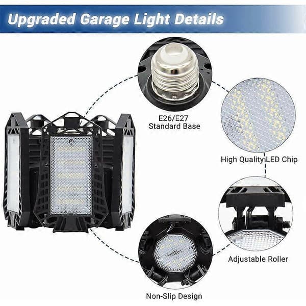 LED Garagelys 80W 8000LM E26/E27 LED Garageloftslampe 5+1 Deformerbare Paneler til Garage Værksted Lager Kælder