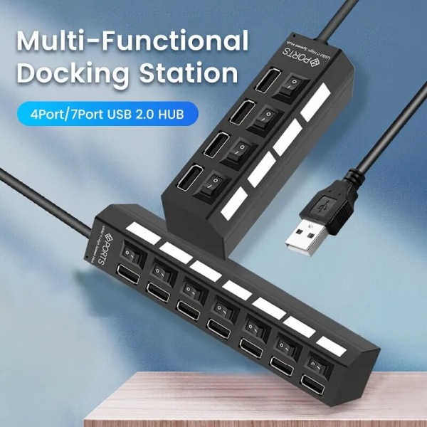 USB 2.0 Hub Multi USB Splitter Portar Hub Använd Strömadapter 7 Portar Multipl Expander Hub White