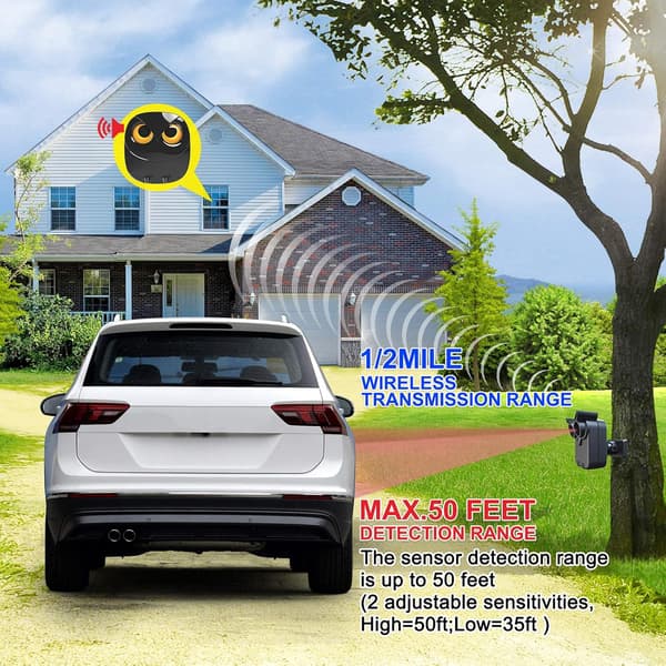 [RM]1/2 Mile Long Range Wireless Driveway Alarm Outdoor Motion Sensor & Detector - DIY Security Alert System - 1 Receiver and 2 Sensors