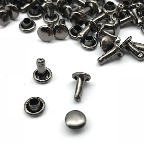 100 Set Dubbla Nitar Studs för Väskor Skor Läder 6x8mm Grå Svart