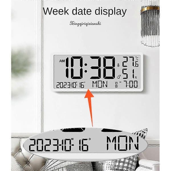LCD Digitalt Vækkeur med Temperatursensor, Bord- og Vægmonterbart, Manuel og Automatisk Skærmjustering-B