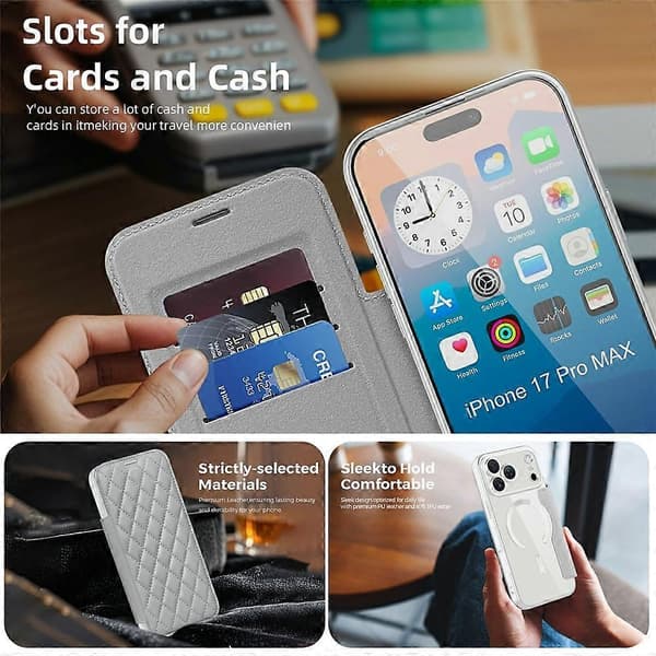 [RM] Kompatibelt etui til iPhone 17 Pro Max, kompatibelt med MagSafe, rombeformet PU-lædercover Grey