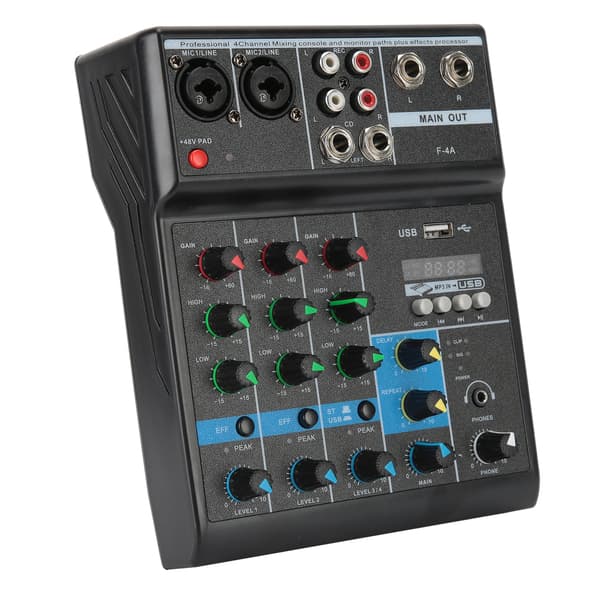 [RM]4-Channel Audio Mixer, Reverb-Delay Effect with Portable Mini Mixer Design, USB Audio Interface, and Wireless Bluetooth Streaming for Live Use
