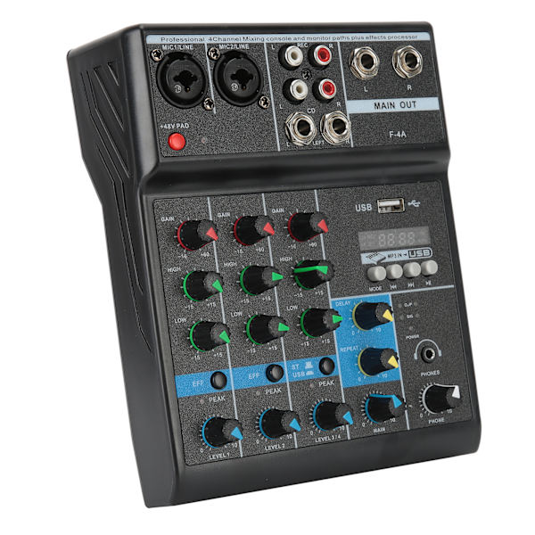 [RM]4-kanals lydmixer, rumklang-delay-effekt med bærbart mini-mixerdesign, USB-lydinterface og trådløs Bluetooth-streaming til livebrug
