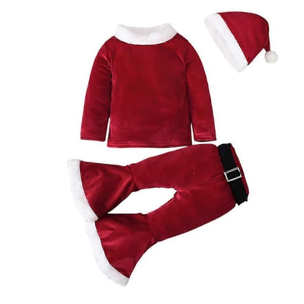 Barn Julkläder Set Långärmad Utsvängda Byxor Sammet Tomtedräkt 4 delar Set För Baby 2-5 År Present size 1