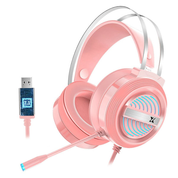X9 7.1 Wired USB Gaming Headset Med Mic 7 LED För Laptop PS4 PC Rosa