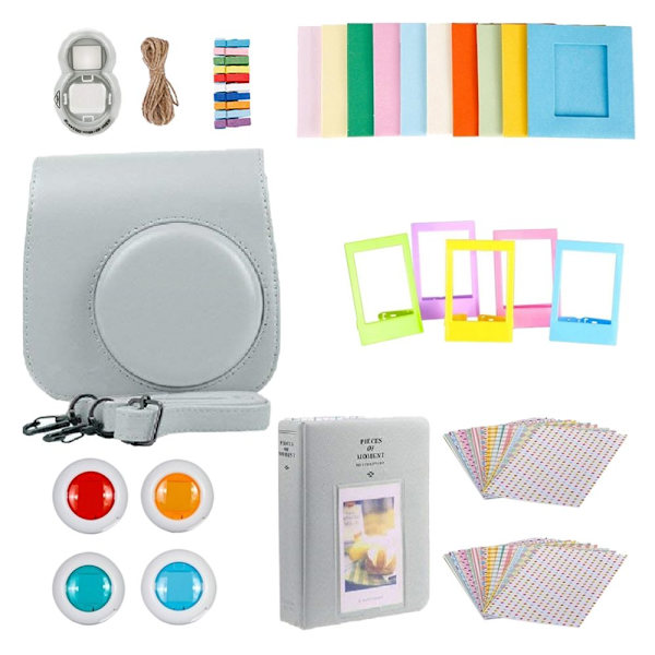 För Fujifilm Instax Mini 9 Kamera PU Fodral Filter + Närbildslins Present Set Rökig Vit