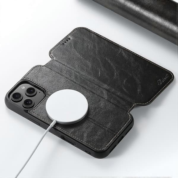 [RM]SUTENI J06 til iPhone 16 Pro Max etui kompatibelt med MagSafe tekstureret PU-læder flip-cover Multicolor Black