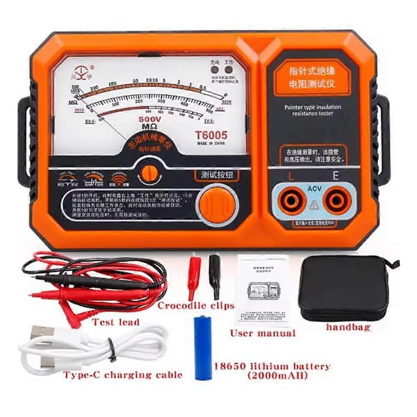 T6005 USB Genopladelig 500V Analog Isolationsmodstandstester T6005 Megaohmmeter