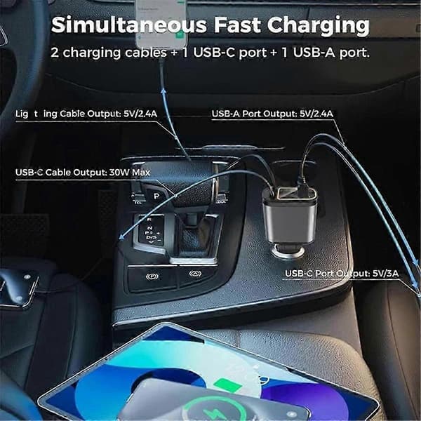 4-i-1 infällbar billaddare med USB-snabbladdningskabel
