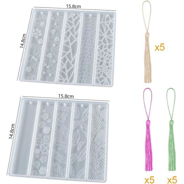 Set med 2 rektangulära epoxihartsformar med 10 olika bokmärkesdesigner och 15 färgglada bokmärkestofsar