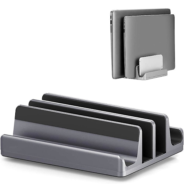 Justerbart vertikalt laptopställ med dubbla fack, designat med 2 fack i aluminium för de flesta laptops