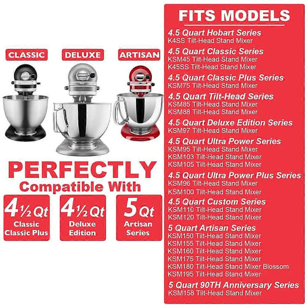 Tilbehør i rustfritt stål til KitchenAid 4,5-5 Qt kjøkkenmaskin med vippehode, inkluderer 6-tråds visp, flat visp, eltekrok