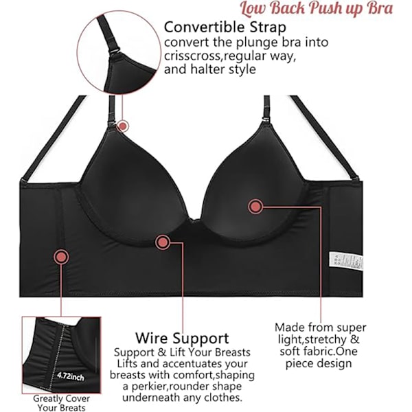 [RM]Women's Low Back Bra Push Up Deep V Neck Backless Black Black S