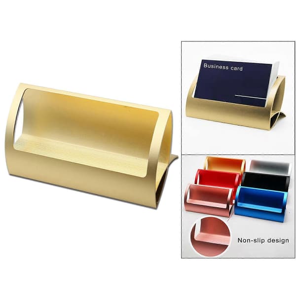 Stilfuld visitkortholder i aluminiumslegering til skrivebordet i Q-form til messer Elegant Gold