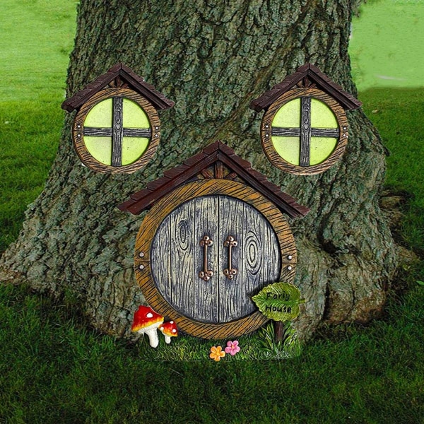Gnome Fairy Miniatyrhus Fönster och Dörr för Träddekoration, Självlysande Sovande Féer Dörr och Fönster
