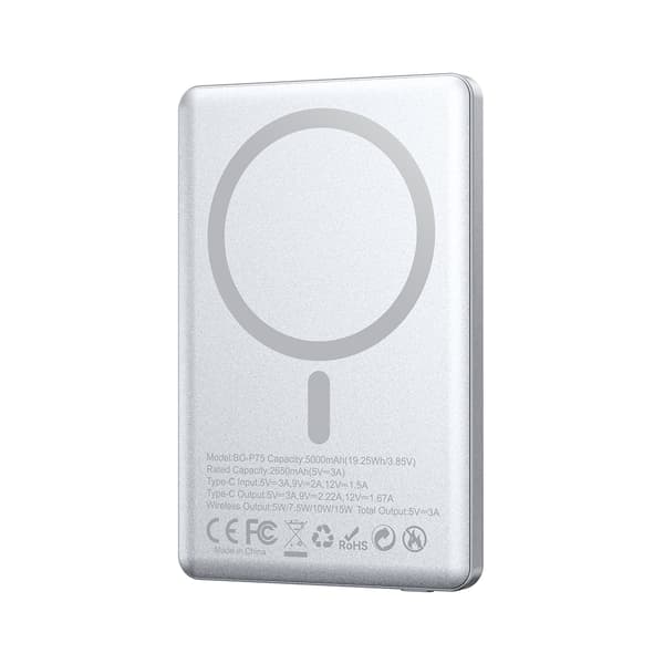 BWOO Powerbank P75 Magnetisk 5000mAh PD 20W USB-C Sølv - Digitalt Display