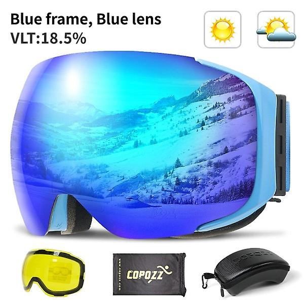 Magnetiska skidglasögon med snabbväxlande lins och fodralset 100% UV400-skydd Anti-imma Snowboardglasögon Blue