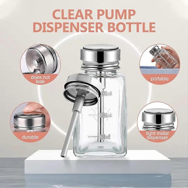 2 st 180 ml klar pumpdispenserflaska med metallfällbart lock glas push down dispenserflaska Transparent  Silver