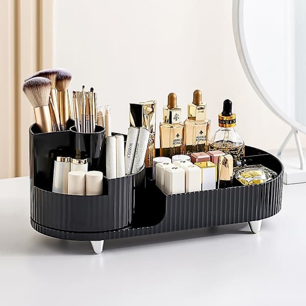 Makeup Organizer for Countertop, Rotating Makeup Organizer for Vanity, Large Capacity, Cosmetic Display Box with Makeup Brush Holder Black[RM] Black