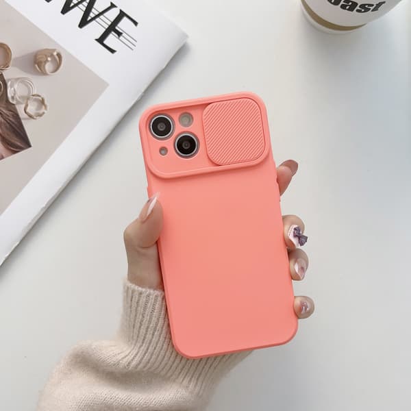 Passar iPhone 15 Plus; Rosa stötsäkert silikonskal med iPhone, enfärgat skjutbart kameraskydd, mjukt och bekvämt. pink pink iPhone 15 Plus
