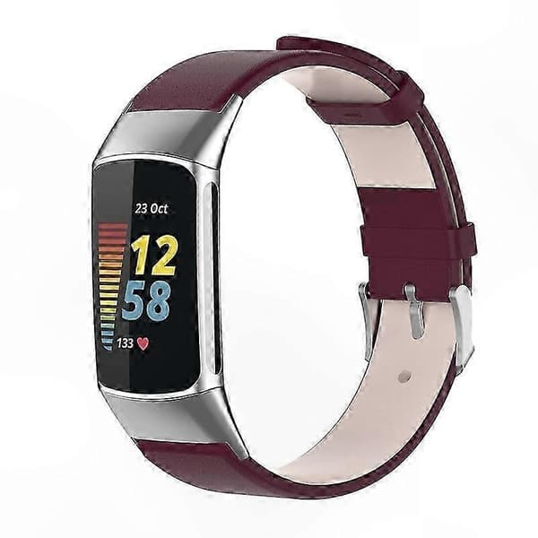 Justerbar læder smart urrem med metalspænde til Fitbit Charge 5 6 håndledsrem Wine red Wine Red