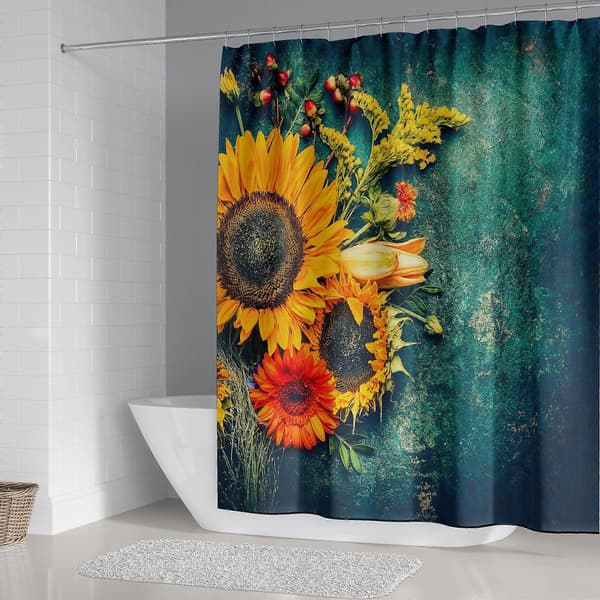 Solros duschdraperi 180*200cmGrön, Solros duschdraperi Vattentätt polyester duschdraperi med 12 krokar för juldekoration, badrum