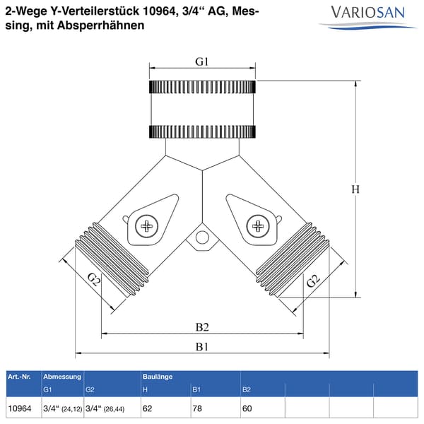 [RM]2-way Y-distributor 10964, 3/4\" male thread, brass, with shut-off valves