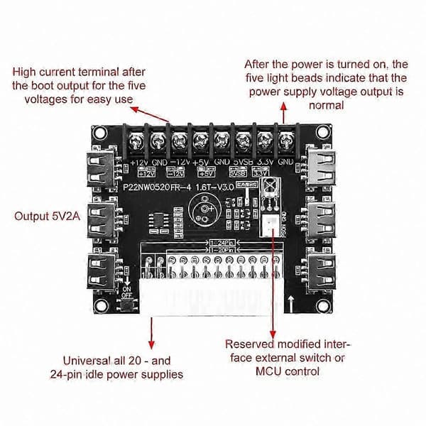 ATX strømforsyning breakout board modul 24 pin 20 pin tester adapter