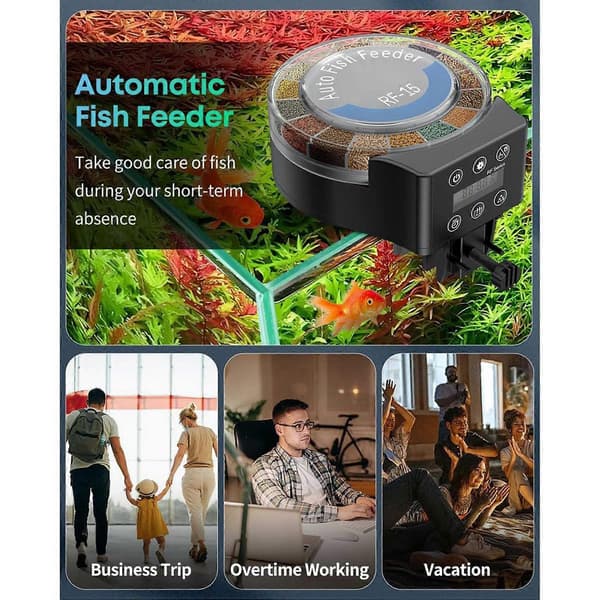 Automatisk fiskefoderautomat til akvarium, automatisk ferietimer, justerbar foderdispenser, smart automatisk akvariefiskefoderautomat 15x7ml
