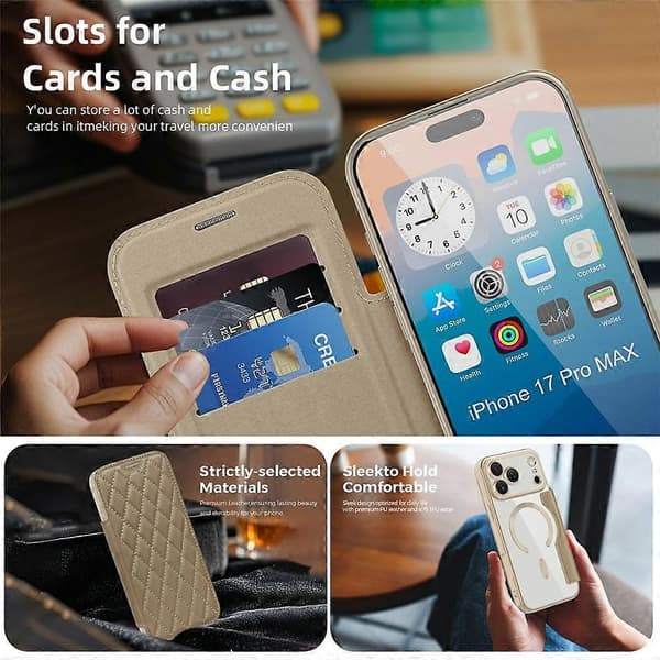 [RM] Kompatibelt etui til iPhone 17 Pro Max, kompatibelt med MagSafe, rombeformet PU-lædercover Gold