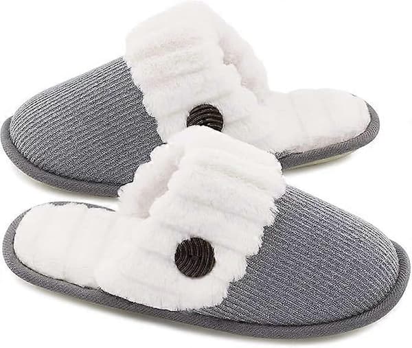 Söta bekväma fluffiga stickade tofflor i memory foam för kvinnor, inomhus, grå