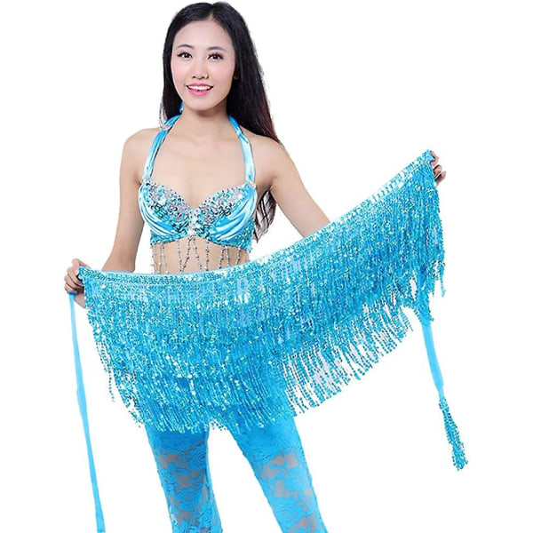 Dam Magdans Hip Scarf Performance Outfits Kjol Festival Kläder$dans Hip Scarf Tofs Kjol, Boho Paljettkjol Wrap Rave Costume For Women$ Sky Blue