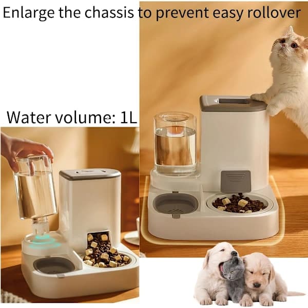 En 2-i-1 automatisk foder- og vanddispenser, udstyret med en 2,2-liters keramisk foderbeholder og en 1-liters vandbeholder, velegnet til små og