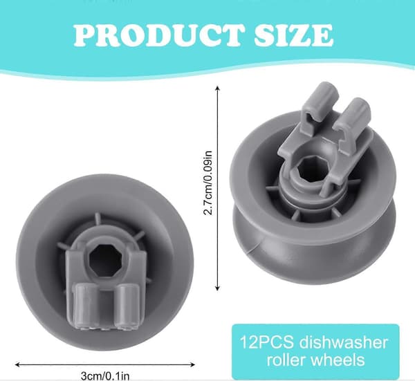 12 st diskmaskinshjul - Universella hjul för diskmaskinskorg, 3*2,7 cm, grå, plastmaterial