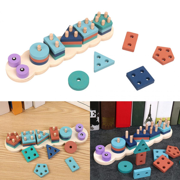 Montessori Pedagogisk Leksak För Barn Trä Geometrisk Form Sorterare Staplingsspel