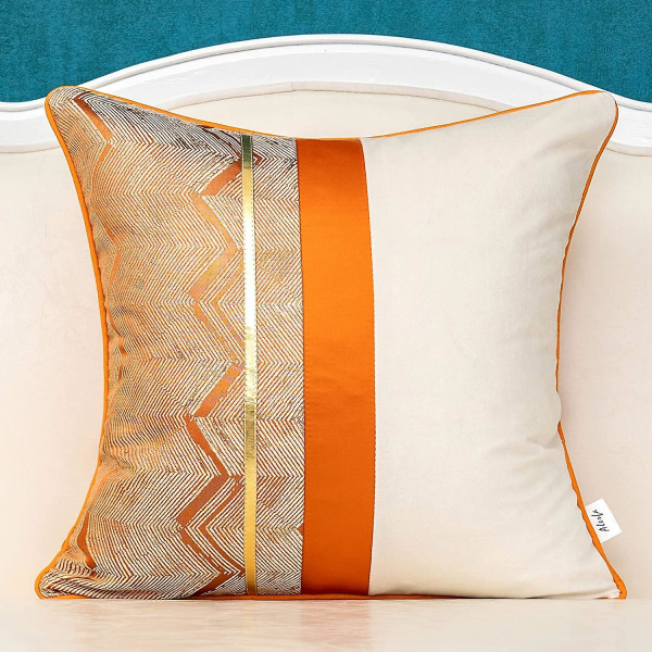 18 X 18 tums geometrisk randigt guld läder Patchwork Sammet Case Lyxigt Modernt ländryggen Cover Dekorativ kudde för soffa Li Orange