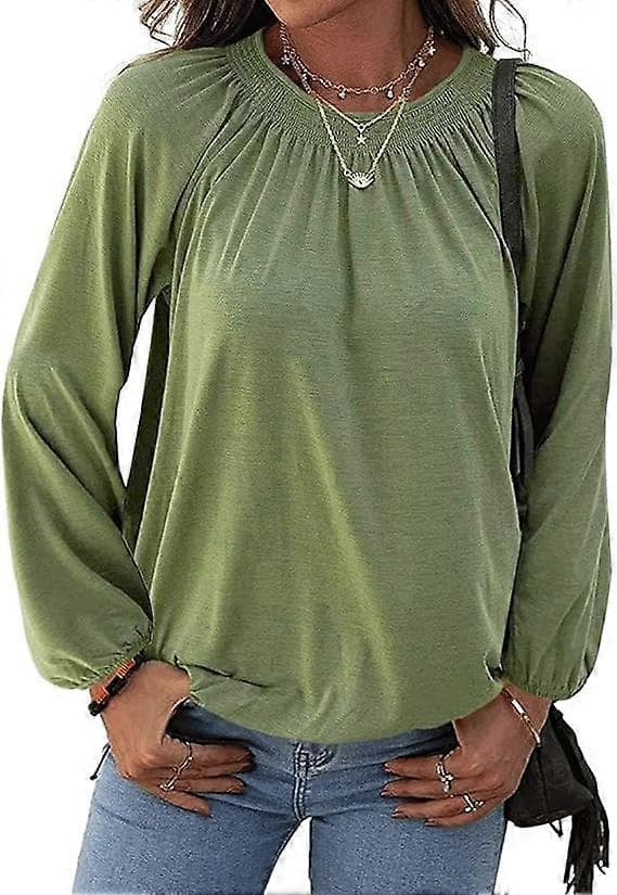 Dame Crew Neck Tunika T-skjorte Bluse Langermet Uformell Løs Plissert Basic Topper XL