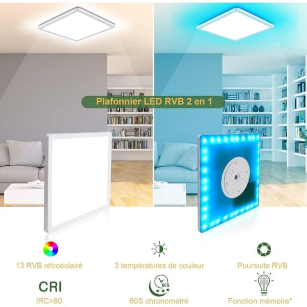 [RM]LED Ceiling Light, 24W Square Dimmable Ceiling Lamp with Remote Control, 3200 lm LED Ceiling Light Bedroom 3000K-6000K, 13 RGB Color Ceiling Lamp