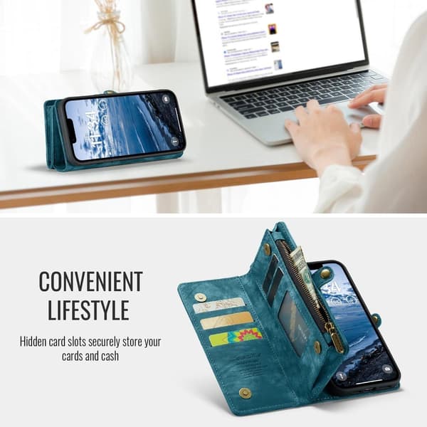 [RM](For iPhone 14 Pro Max) 2 in 1 Wallet Case with Detachable Wrist Strap and Multiple Card Slots blå