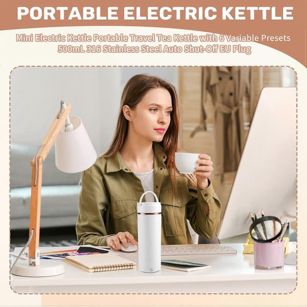 [RM]Mini Electric Kettle Portable Travel Kettle with 6 Variable Settings 500mL 316 Stainless Steel Automatic Shut-off White White EU Plug