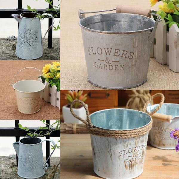 Shabby Chic Galvaniserad Metall Järn Blommor Växter Hink Blomkruka Vas 1