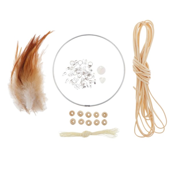 Materialsatser Drömfångare DIY Järnspänne, Mockasnöre, Fjäder, Beige Pärlor