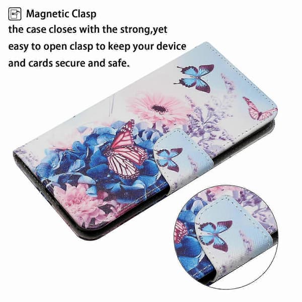 Galaxy A56 5G-deksel, beskyttende folio-omslag med mønstertrykk og håndleddsstropp Multicolor Purple Butterfly