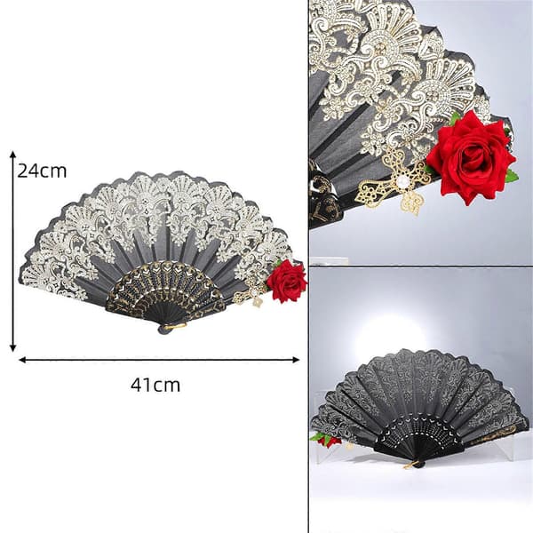 Elegant Gotisk Vikbar Solfjäder i Spets med Rosblomma Bröllopsfester Föreställningar Dans Handhållen Solfjäder Festivalpresent B svart B black