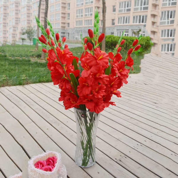 Simulering Artificiell Gladiolus Blomstam Bröllop Heminredning Röd
