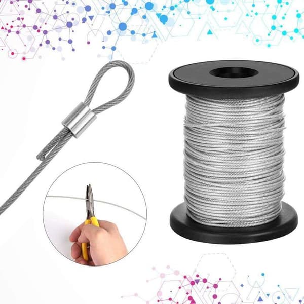 Bildeopphengstråd, trådrull i rustfritt stål, 1,5 mm*50 m bildeopphengstråd med 20 klemhylser