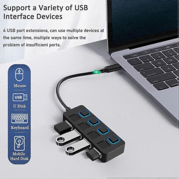 USB 3.0 Hub med 4 porte, individuelle strømafbrydere og LED-indikatorer til PC, Mac, bærbar computer Black